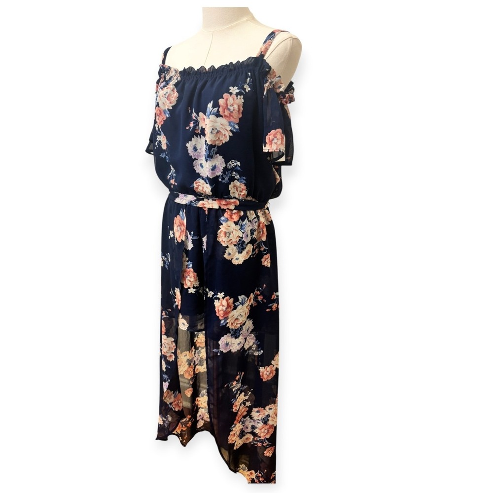 Floral Romper Dress Navy Blue Hi-Low Cold Shoulder Chiffon Boho Large - Picture 2 of 11